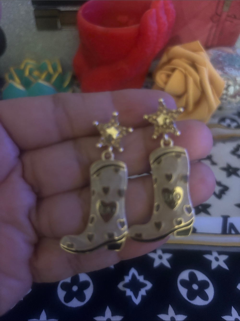 Gold Star & Cowboy Boot Dangle Earrings - Gold Tone